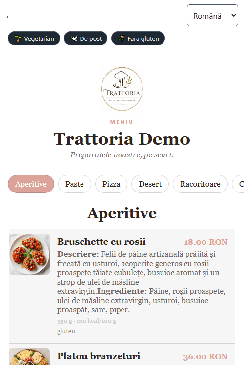 Meniu QR CoreHub Serve cu preparate reale, categorii, cautare si selectarea limbii
