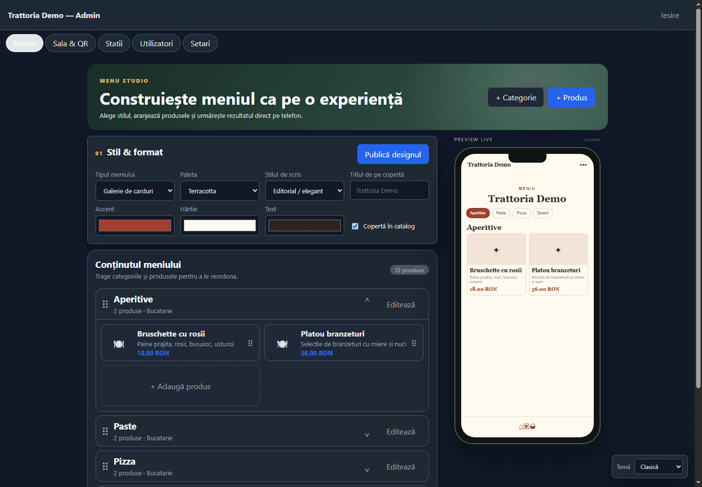 Menu Studio CoreHub Serve cu editor de meniu digital si preview live pe telefon