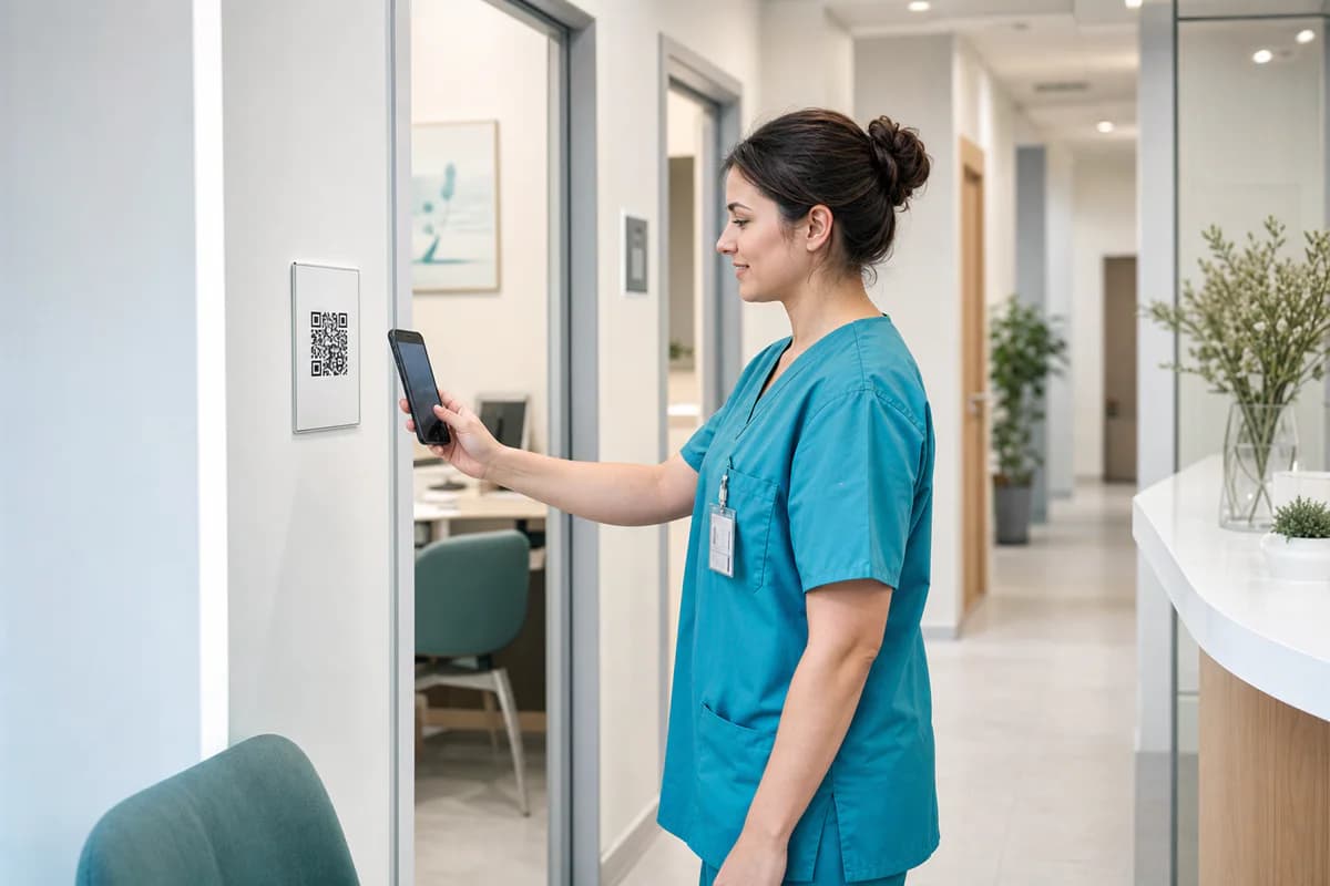 Cadru medical care scaneaza codul QR de pontaj intr-o clinica