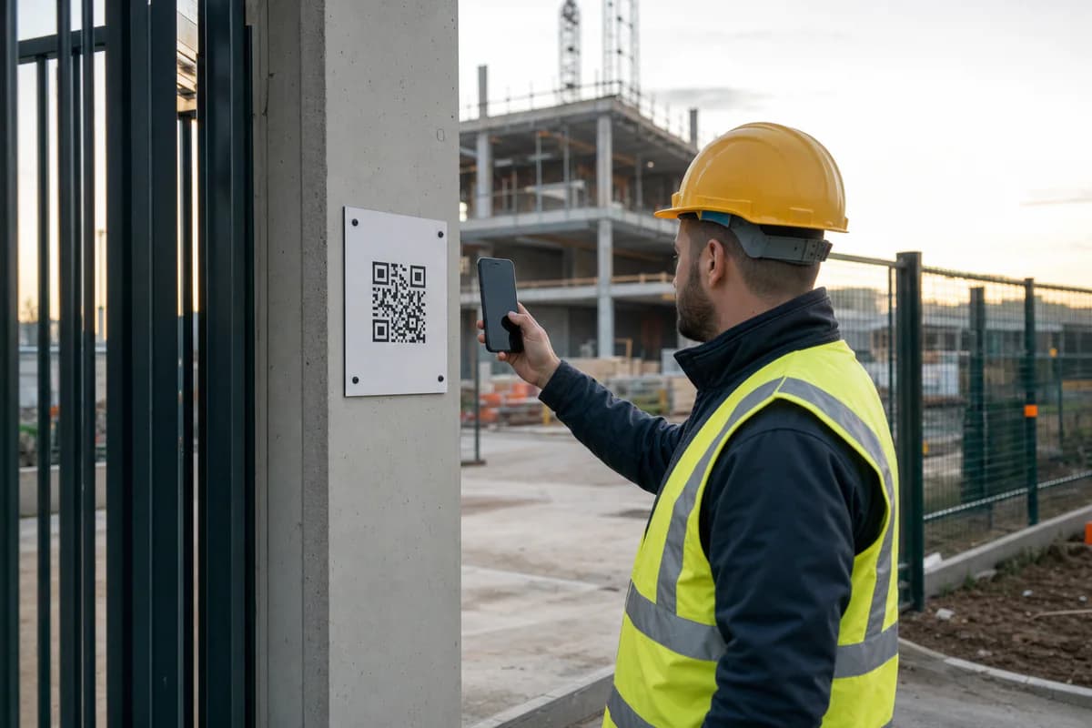 Muncitor care scaneaza codul QR de pontaj la intrarea pe santier