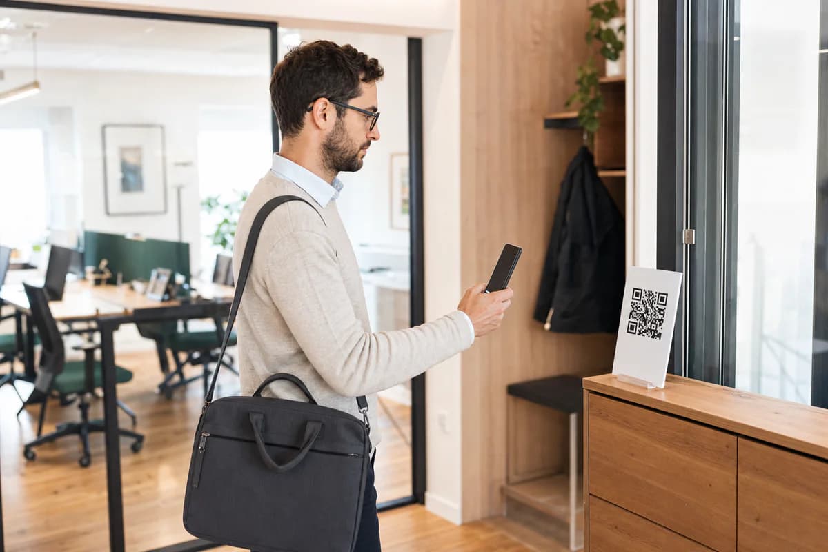 Angajat care scaneaza codul QR de pontaj la intrarea in birou
